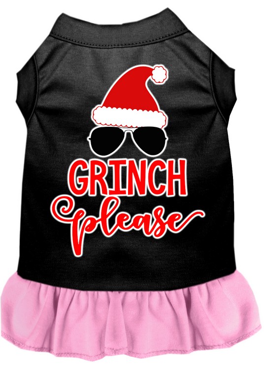 Grinch Please Screen Print Dog Dress Black with Light Pink Med